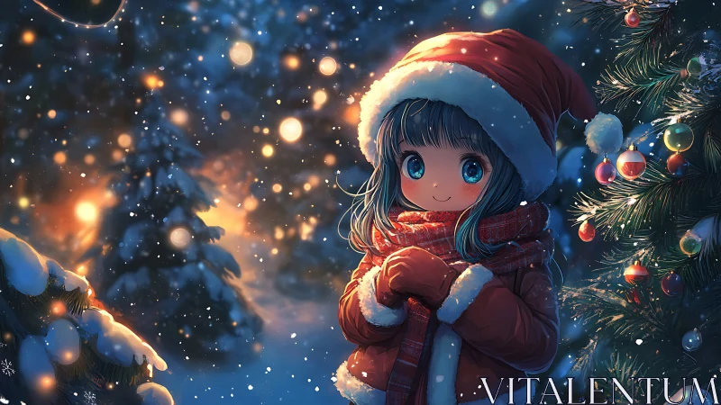 Christmas girl glows beside snowlit festive tree.