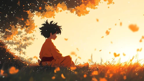 Solitary child in orange robe seated under backlit foliage.