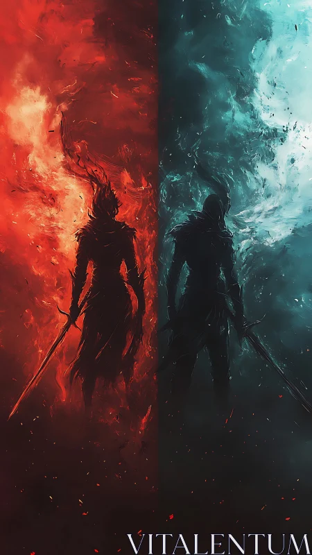 Twin elemental warriors cleave the void with fire and frost.
