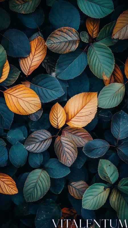 Moody macro foliage study in teal and ember tonality.