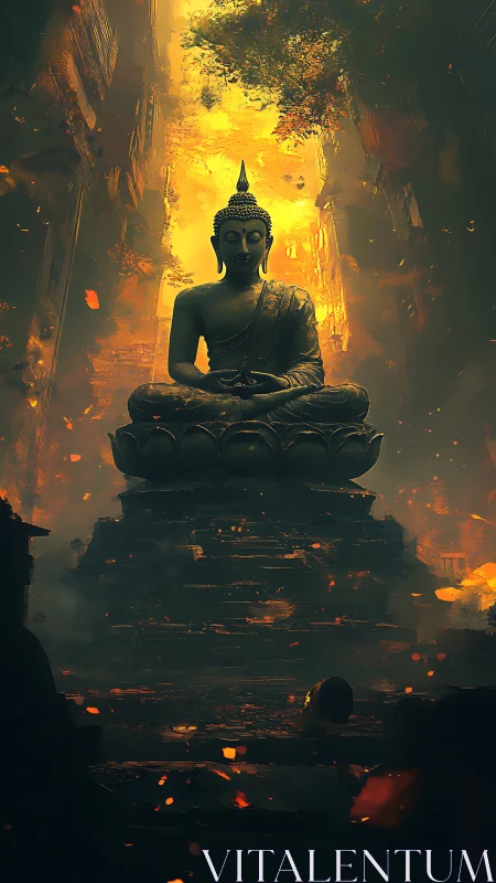 Emberlit Buddha meditating in a crumbling urban canyon.