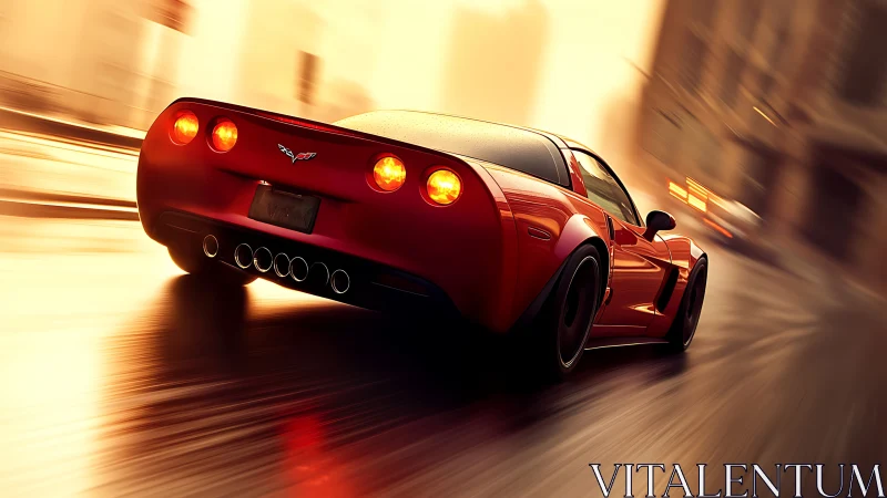 Red sports car powers through glowing urban rain streets.