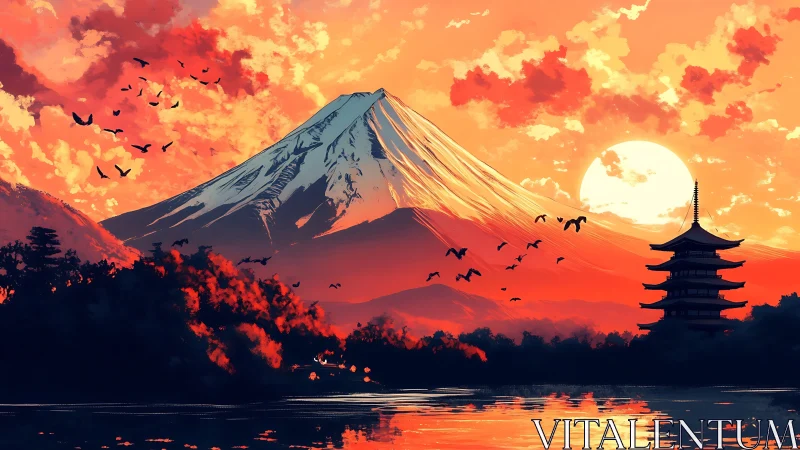 Sunset glow over tranquil mountain and lakeside pagoda.