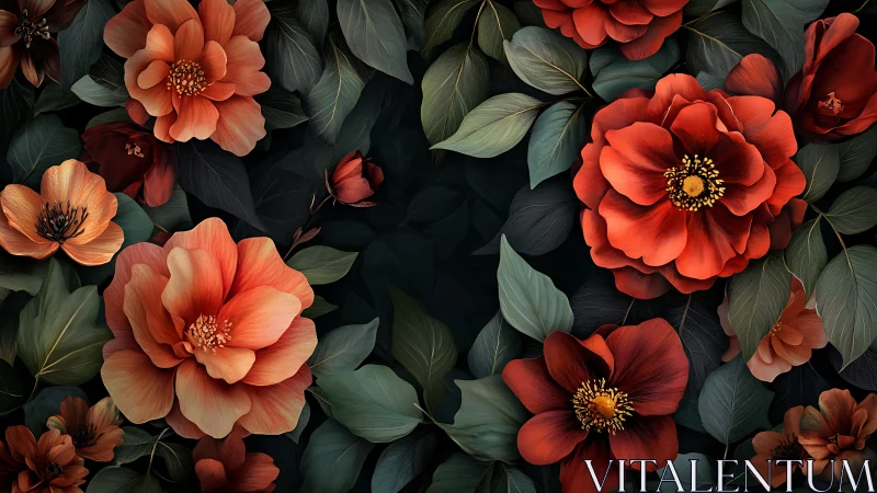 Red and Coral Blooms with Dark Foliage.