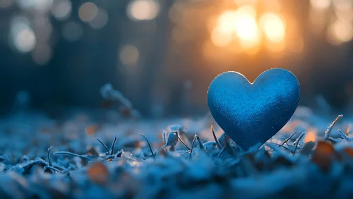 Frost-Coated Heart on Winter Ground with Golden Sunrise.