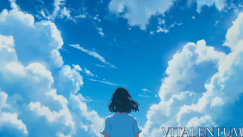Rear-view girl under cumulus cloudscape in vivid blue sky
