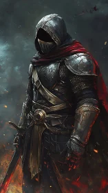 Hooded knight in glowing embers holding silent, waiting steel.