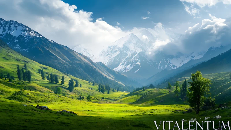 Snowy mountains above sunlit green alpine valley scene.