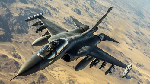 Modern jet fighter aircraft over arid desert landscape.