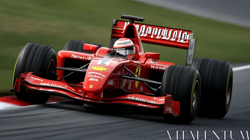 High-downforce red Formula car under lateral load in apex cornering.