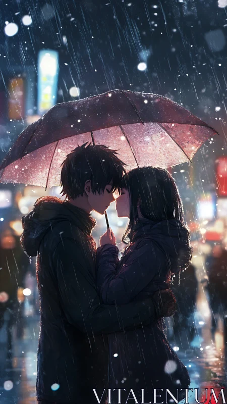 Rain-drenched city quietly crowns two lovers beneath red umbrella