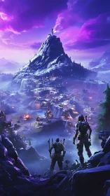 Mountain siege at dusk over a glowing battle valley.