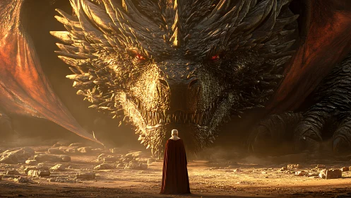 Human in red cloak confronts massive dragon in desert
