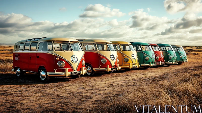 Vintage microbuses align under golden hour coastal sky.