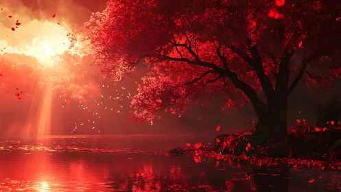Red foliaged tree by reflective lake under strong sunset.