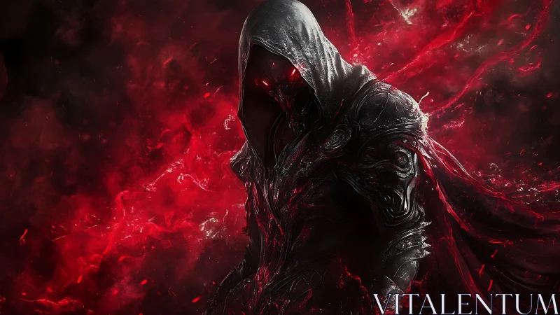 Shadow-cloaked warrior rises in swirling crimson power