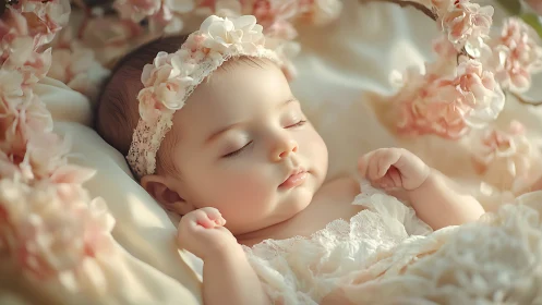 Peacefully slumbering infant nestled within blossoming botanical splendor
