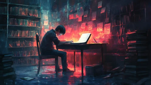 Solitary student studies under glowing manuscript in library