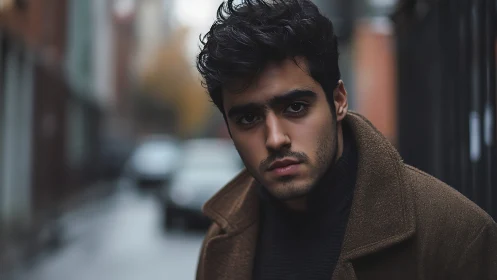 Brooding city wanderer in soft-focus autumn alleyway.