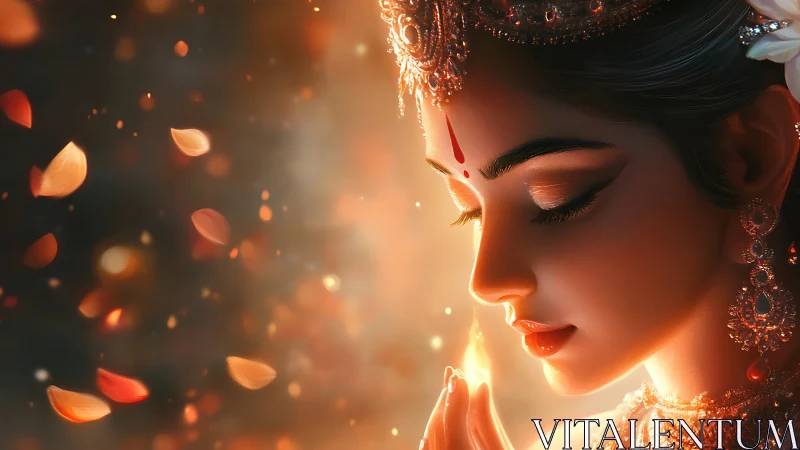 Divine woman in warm candlelight contemplates swirling petals.