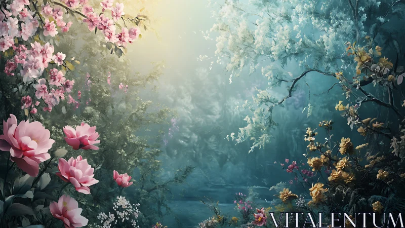 Enchanted Garden Portal Through Luminous Floral Archway.