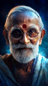 Elderly sage gazes calmly through cosmic blue light.