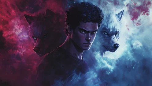 Dual wolf spirits frame a brooding hero amid swirling nebulae.