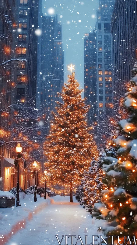 Snowy city street glows around a towering Christmas tree