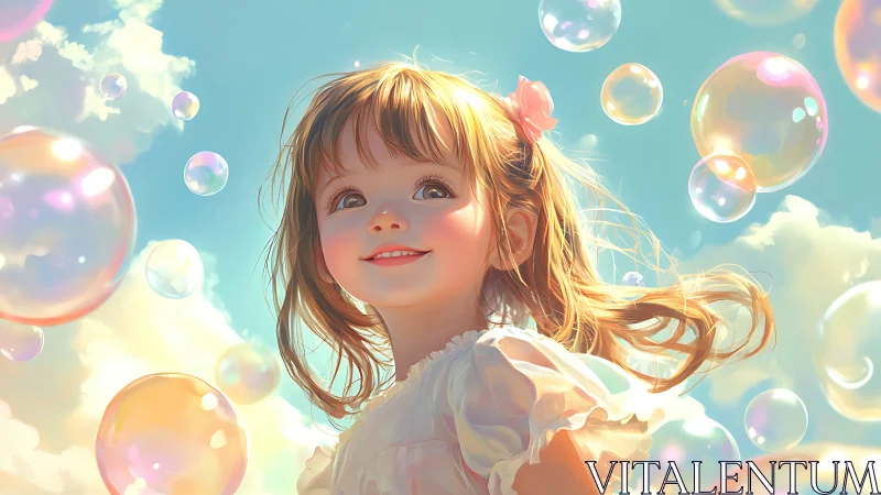 Smiling young girl among floating soap bubbles outdoors.