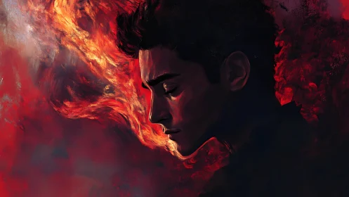 Somber male profile surrounded by swirling red fire.