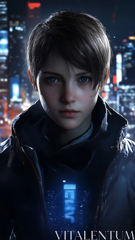 Digital portrait shows youth with short hair in neon city