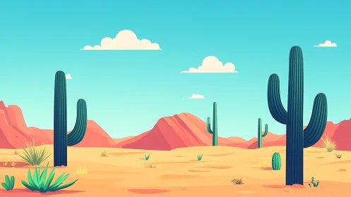 Stylized desert landscape with cacti and distant red mesas.
