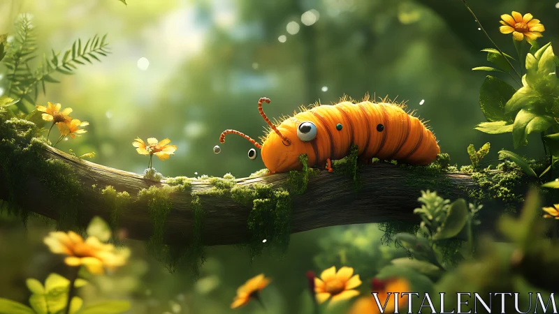 Playful orange caterpillar explores a glowing mossy branch.