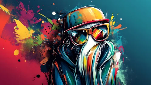 Chromatic hooded figure with oversized glasses in dynamic splatter abstraction