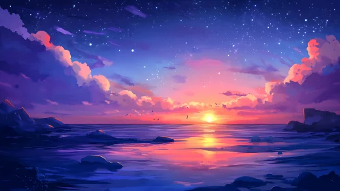 Coastal horizon at sunset under star-filled evening sky.