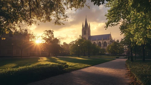 Golden sunset illuminates a tranquil cathedral campus lawn