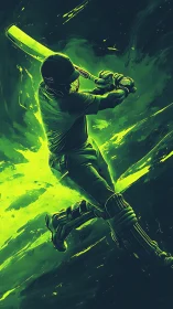 Cricket batsman in neon motion, dynamic digital strokework.