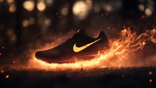 Running shoe product render with stylized flame effect.