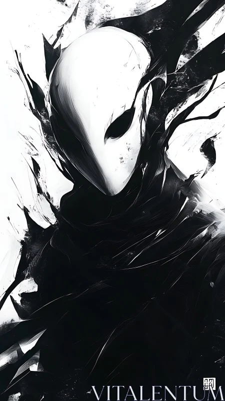 Shrouded void entity emerging in stark monochrome abstraction.