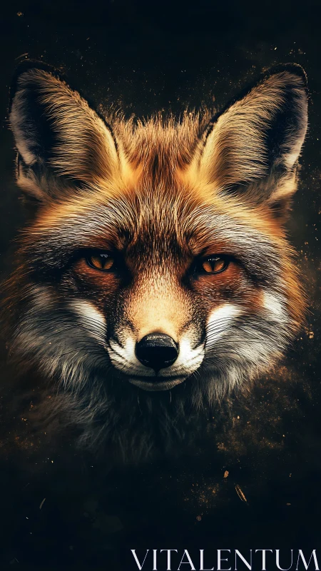 Fox portrait glows against dark background with embers floating