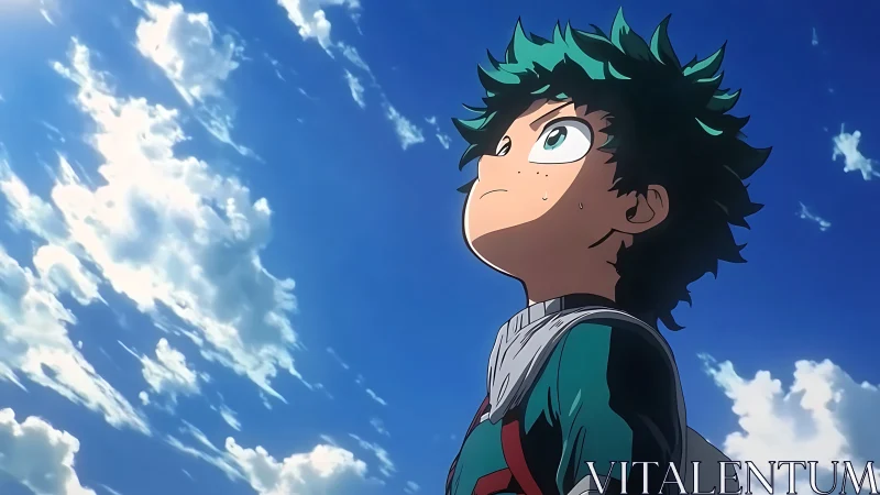 Determined anime boy gazes toward bright midday sky