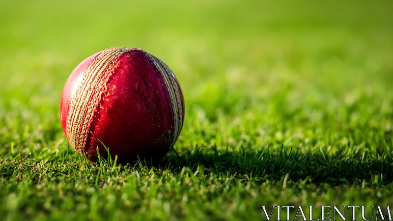 Red cricket ball resting on green grass field surface.