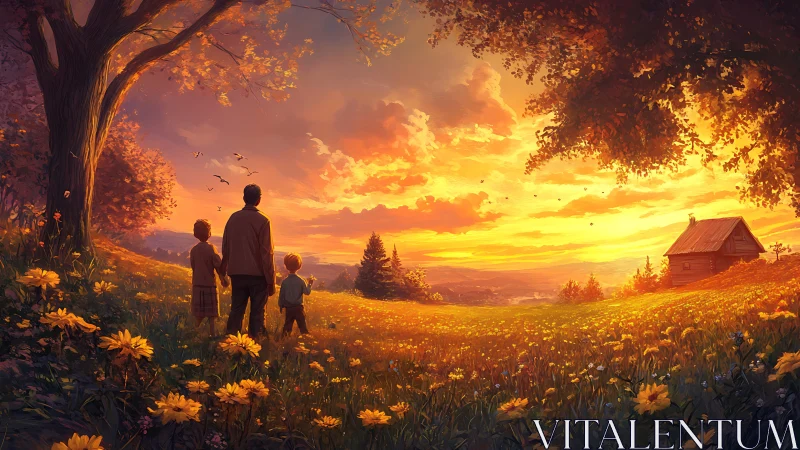 Golden meadow sunset with a family sharing quiet wonder.