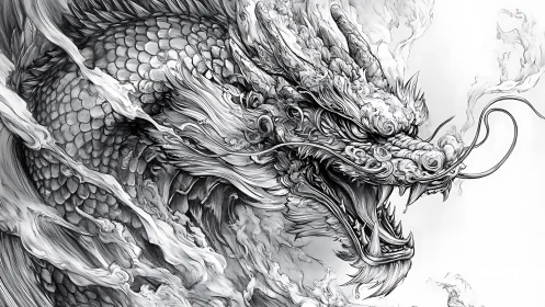 Intricate monochrome Eastern dragon head in dynamic smoke