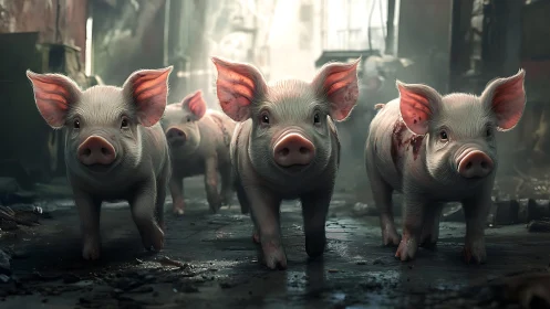 Four piglets walk forward in a grim, ruined urban alley