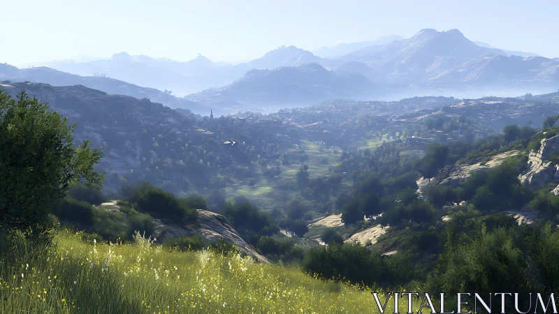 Valley light drifts lazily through layered digital mountains