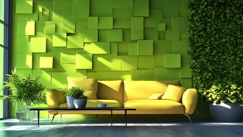Lime green geometric wall framing yellow sofa in daylight.