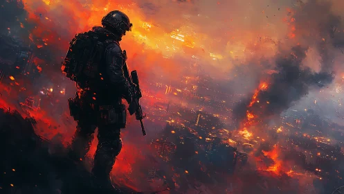 Warrior Silhouette Overlooking Inferno of Ruined Metropolis.