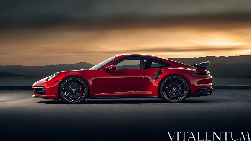 Red performance coupe in cinematic sunset side profile.