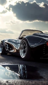 Low-angle rear view of glossy black roadster by wet asphalt